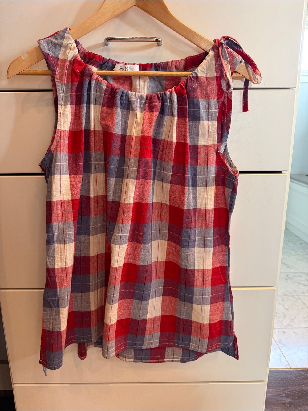 Tie-Shoulder Plaid Tank Top in Red, Blue & Cream
